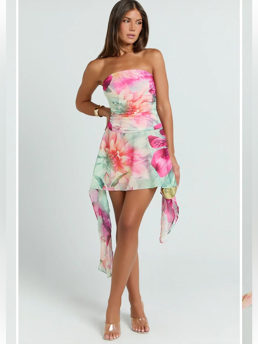 Showpo Floral Strapless Mini Dress in Pink and Mint